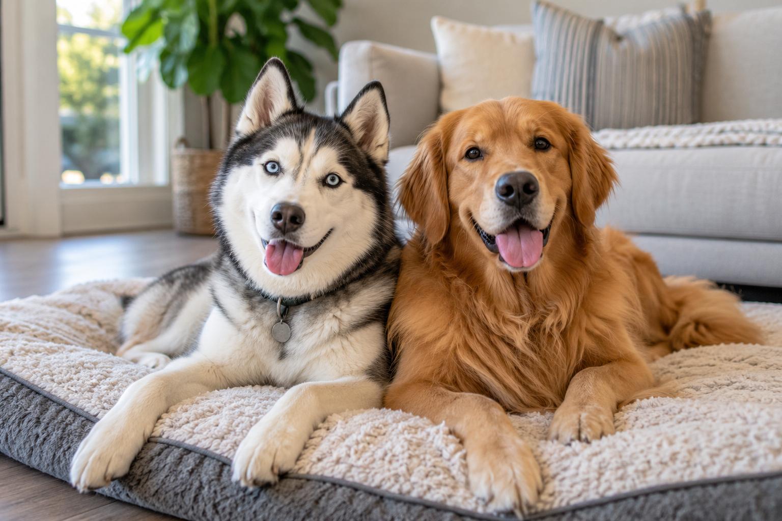 Two dogs on dog bed in sunlight living room